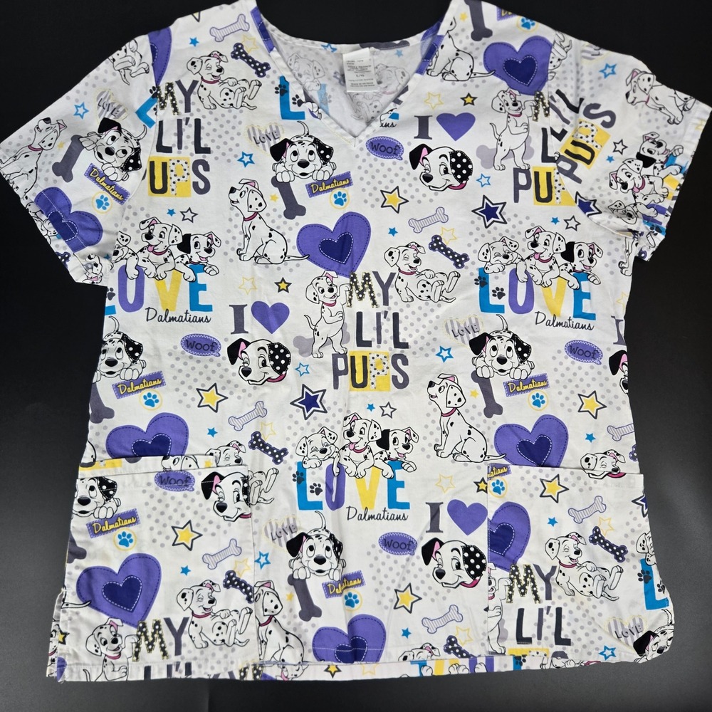 Disney 101 Dalmatians V-Neck Scrub Top Womens Large White Cotton DA25A630